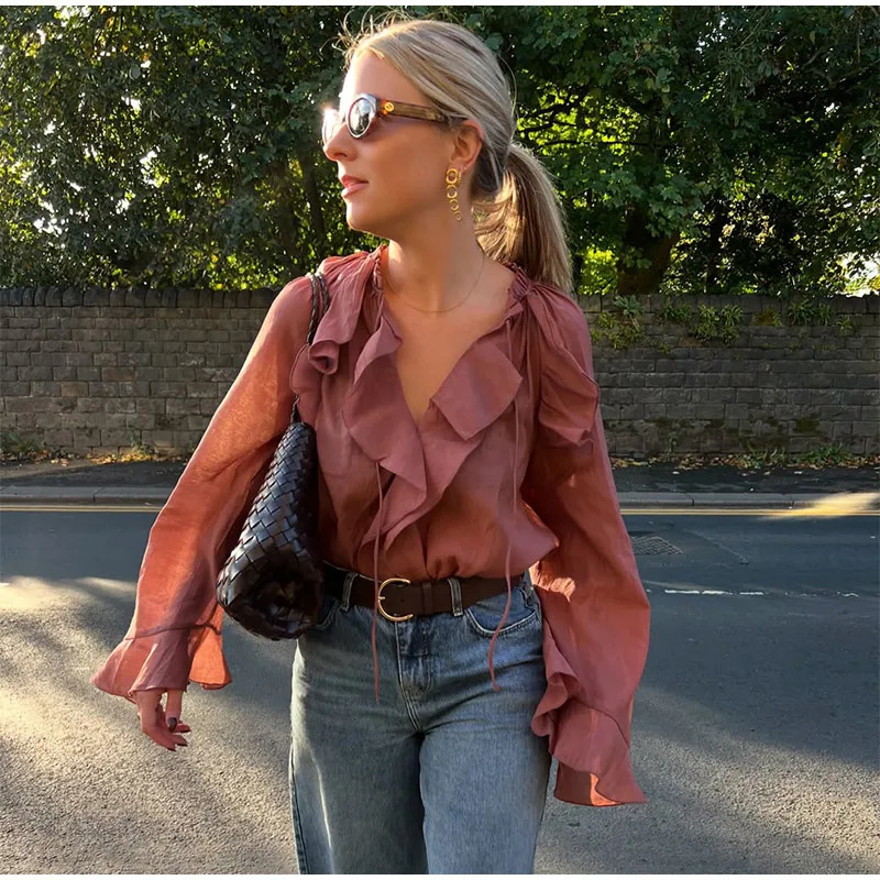 Wine Red Lace Up Ruffles Chiffon Blouse Women Fashion See Through V Neck Casual Long Sleeve Shirts Lady Spring Blouses Tops 250514