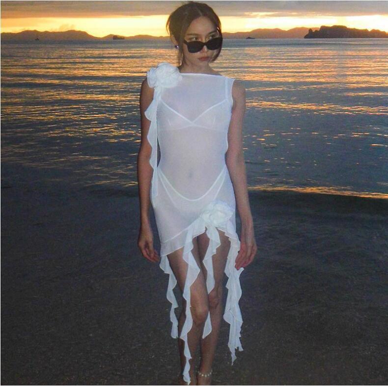 Wind 2023 spring and summer new womens fashion one-line collar sexy backless perspective mesh dress women