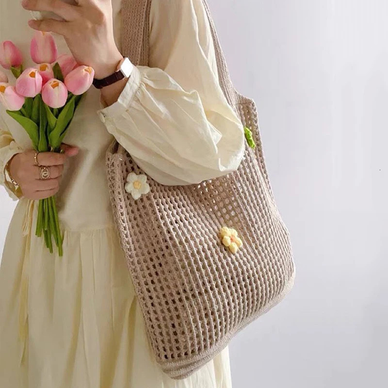 Fashion Hollow Knitted Flower Womens Bags Casual Female Shoulder Crochet Tote Ladies Shopping TopHandle Handbag 250514