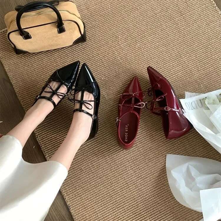Pointed Toe Metal Buckle Bow T Strap Mary Jane Flats Elegant Banquet Dress Sexy Design Comfortable Women's Single Shoes