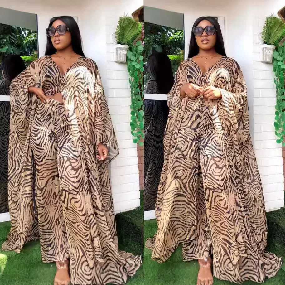 Plus Size African Womens Clothing High Quality Digital Printing Chiffon Cardigan LooseFit Trousers 2Piece Se 250506