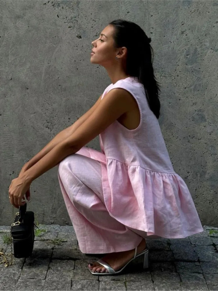 Fashion Pink Cotton Linen 2 Piece Set Women Summer Chic Elegant Outfit Sleeveless Ruffles Tank Top And Loose Wide-leg Pants Sets 250513