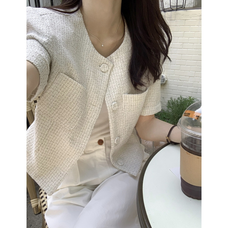 Korean chic temperament small fragrant style coarse tweed round neck versatile single breasted short sleeved cardigan small jacket for women 221007