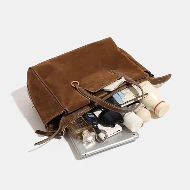 New Large Capacity Suede Tote Retro Casual Ladies Genuine Leather Shoulder Brand Design Autumn Crossbody Bag