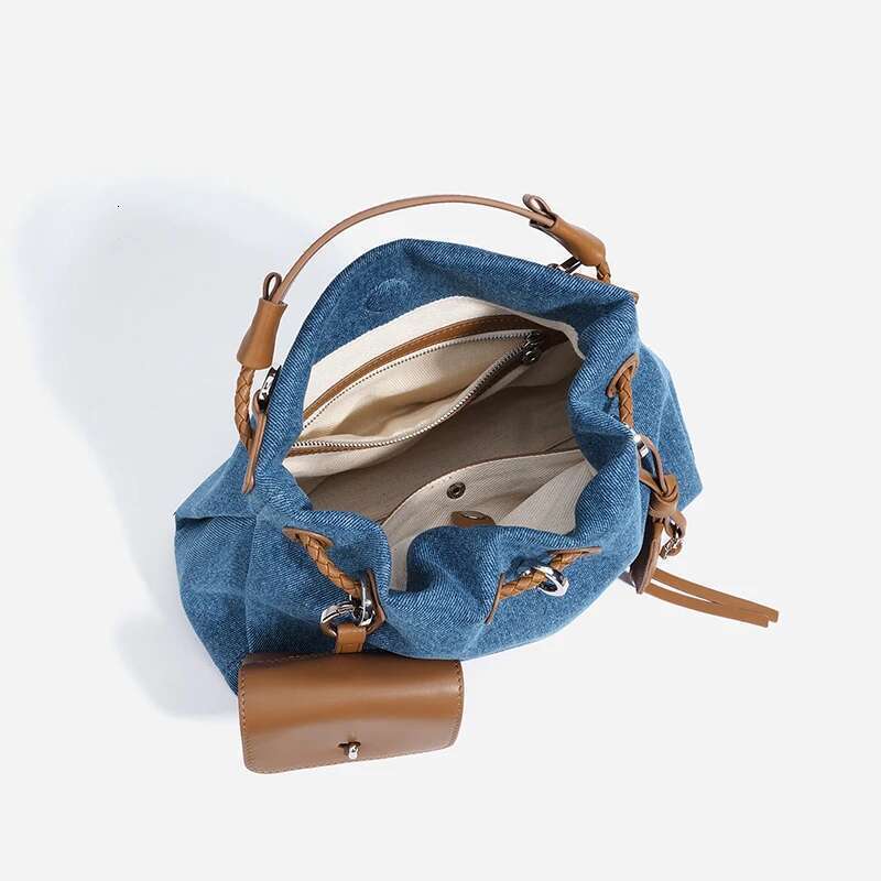 New Denim Series Women Shoulder Brand Tassel Design Cloud Bucket Bag Color Matching Multifunctional Messengerbag With Wallet