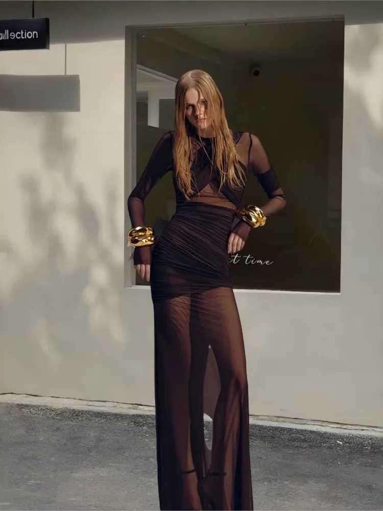 Elegant Mesh Patchwork Long Dresses Bodycon Package Hip Party Club Evening Dress Sexy Double Layer Perspective Dresses ClothingXJ250514