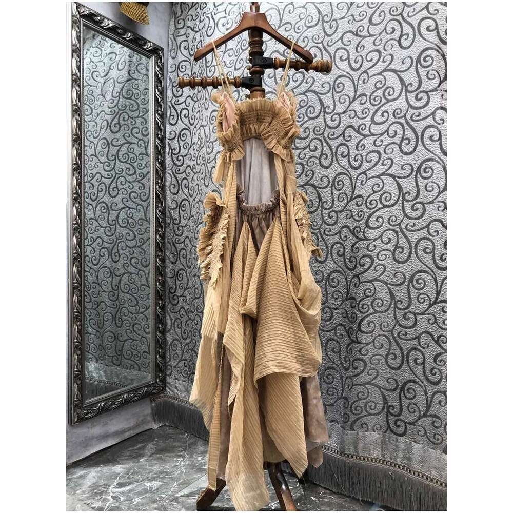 Getspring Women 2023 Summer Fashion Deep V Neck Backless Sleeveless Pleated Fake Two Loose Long Sexy Spaghetti Strap Dress