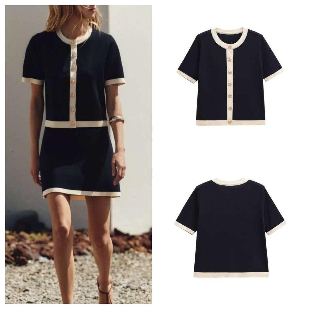 European And American Style New Round Neck Single-Breasted Fashionable Versatile Short-Sleeved Knitted Sweater
