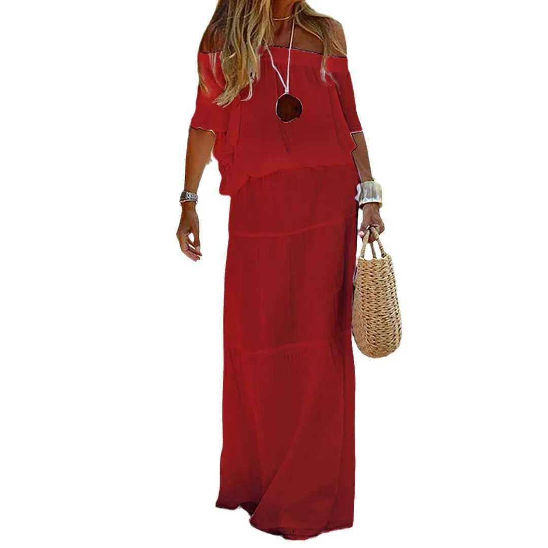 Vintage Casual Evening Dress Short Sleeve Slash-neck Floor-length Long Dress Simple Dress for Woman Slim Party DressesXJ250514