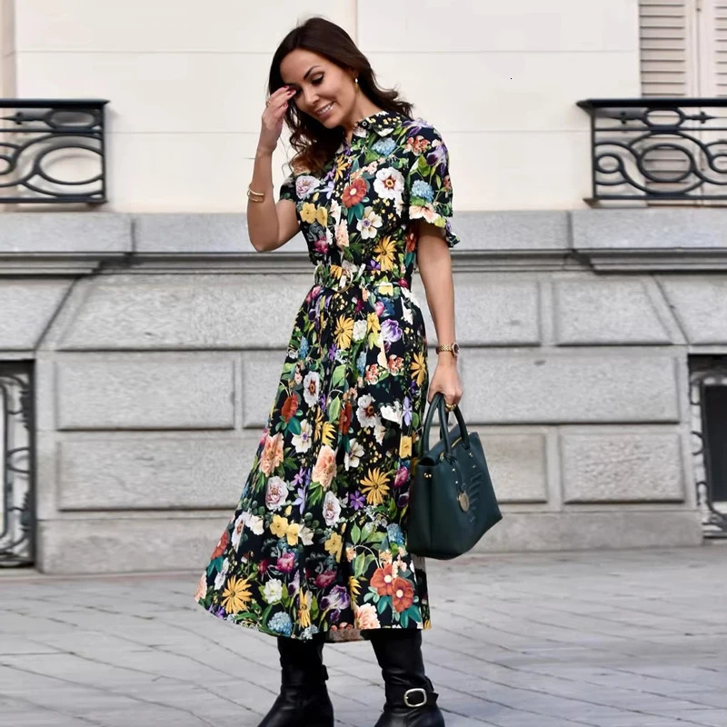 TRAF Floral Long Dresses for Women Belt Draped Midi Dress Woman Vintage Shirt Short Sleeve Womens Summer 250514