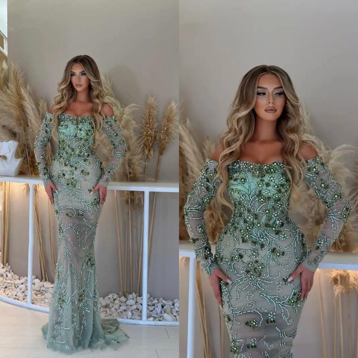 Sparking Beaded Prom Dresses Off Shoulder Sequins Evening Dress Long Sleeve Floor Length Celebrity Party Gown