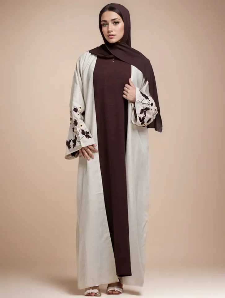Apricot Color Muslim Abaya Boasting Exquisite Floral Cuff Embroidery Blending Timeless Elegance and Fashion for Ramadan Islamic X250514