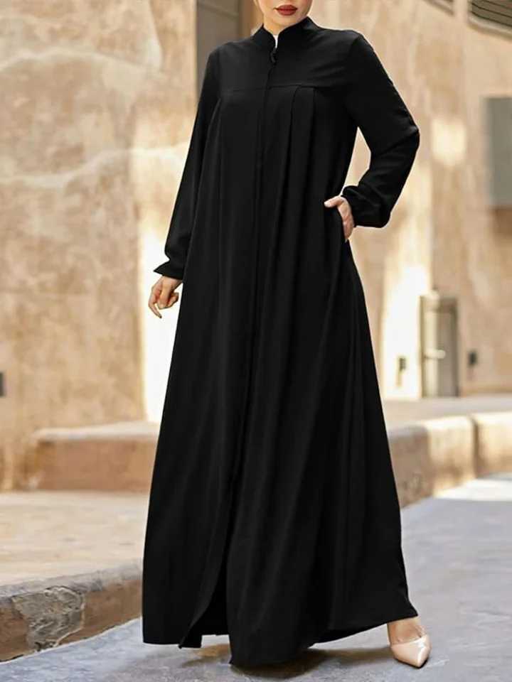 Muslim black dress with small stand-up collar and zipper pocket design elegant loose and casual long-slved skirt X250514