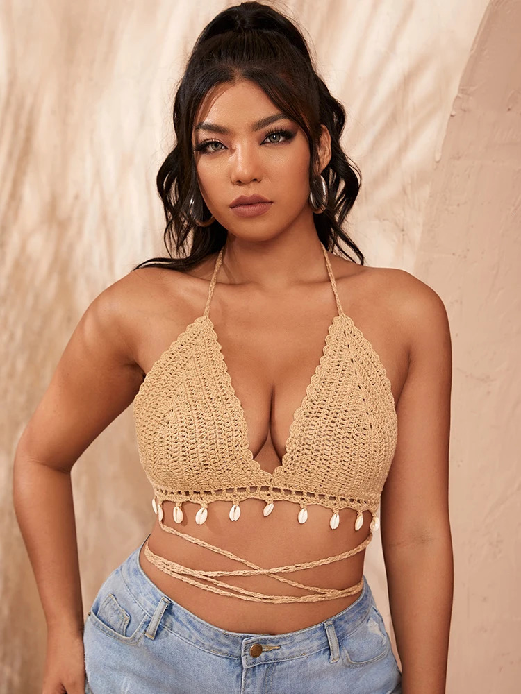 Summer Plus Size Crochet Shell Bikini Top Swimsuit Bikini Sunbathing Beach Spa Swimsuit Bra Tie Back Halter Triangle Bikini Top 250509