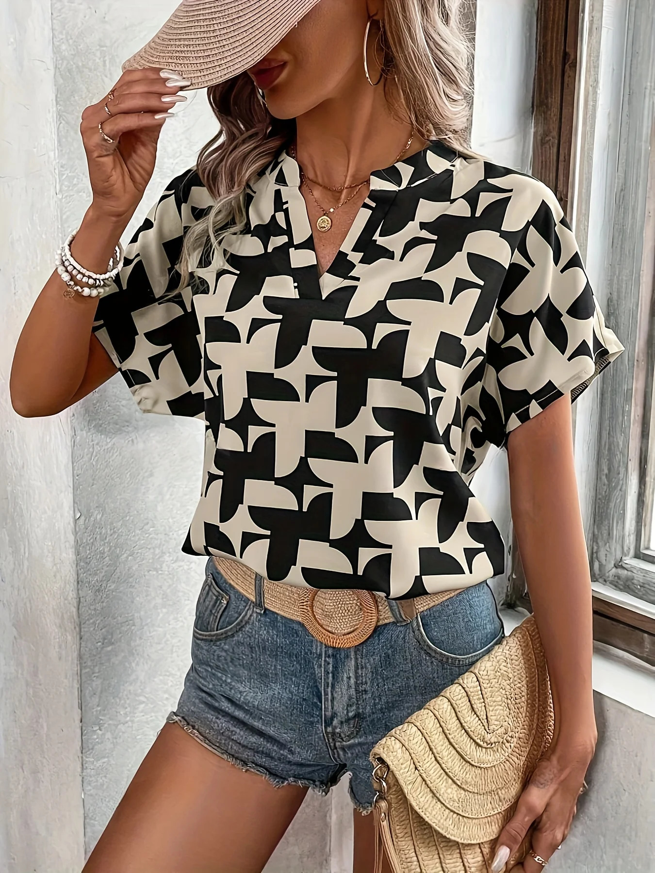 Elegant Summer Womens Print Shirt Casual Office Lady Notched V Neck Batwing Sleeve Blouses Tops 250514