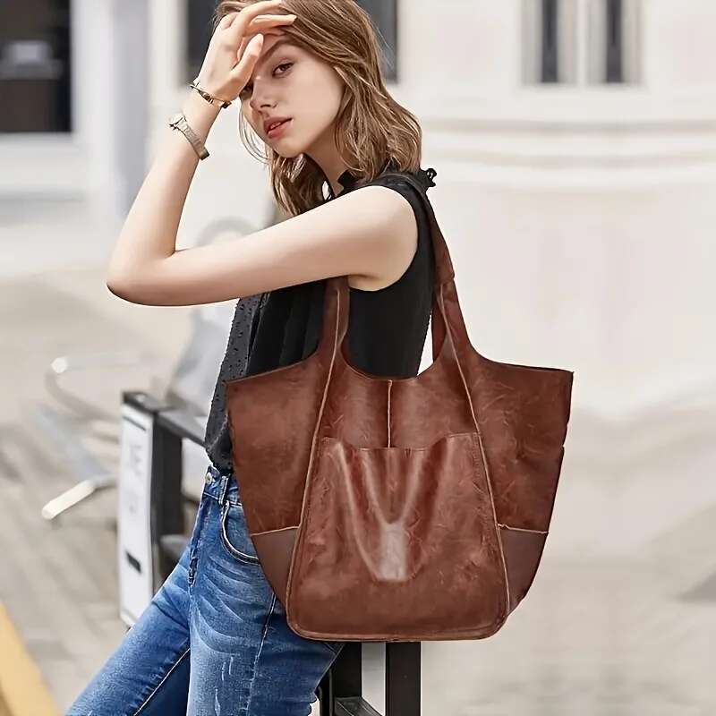 Retro Minimalist Tote Large Capacity Shopping Fashion PU Soft Leather Shoulder Bag