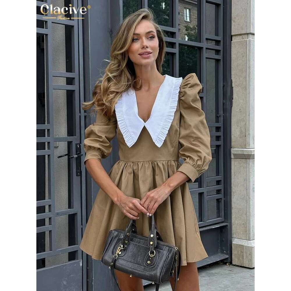 Clacive Fashion Black Patchwork Office Women Casual Lapel Long Sleeve Mini Dresses Elegant High Waist Pleated Female Dress