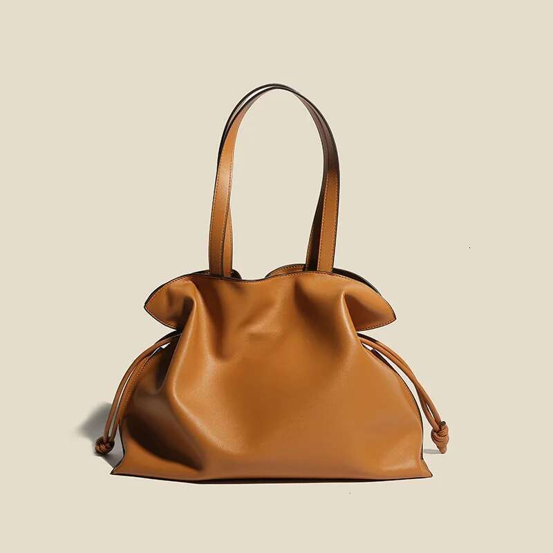 Leather Lucky Bags ,women Cowhide Crossbody Shoulder Bag,large Capacity Pleated Design Bucket Style Tote Underarm Handbag