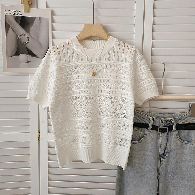 HELIAR Women Hollow Out Knitted Tshirt Sweet Thin Short Sleeve Crop Top Solid Oneck Tees Summer Beach Holiday Pullover 250514