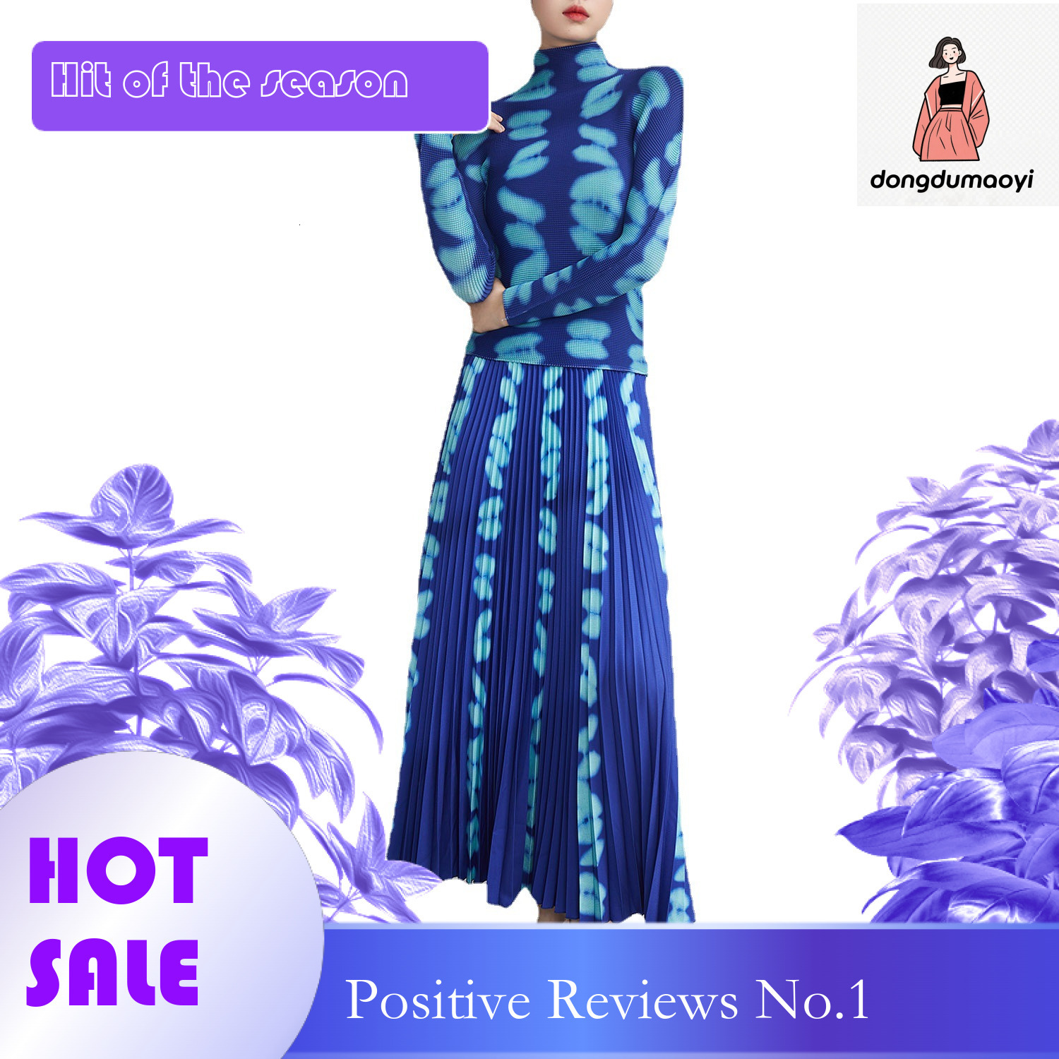 dongdumaoyi Half high collar printed base autumn outfit European small shirt two-piece slimming pleated skirt fashion set