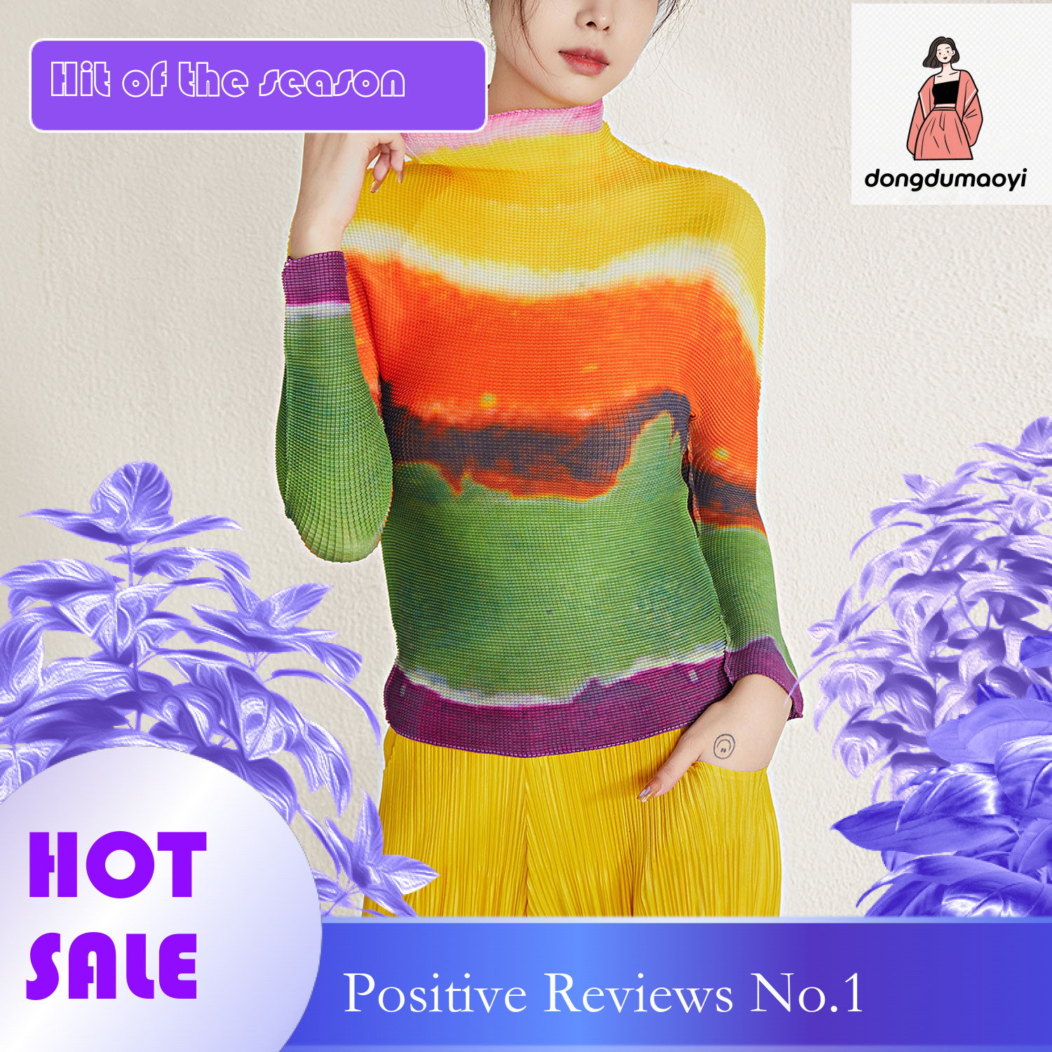 dongdumaoyi Wrinkled top abstract sunset print top, long sleeved T-shirt for women, new slim fit, slimming temperament, and stylish small shirt