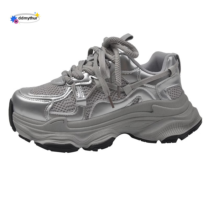 Sponge cake thick soled dad for women in spring autumn, small and tall, height increasing 2025 new silver versatile casual sports shoes ddmythur