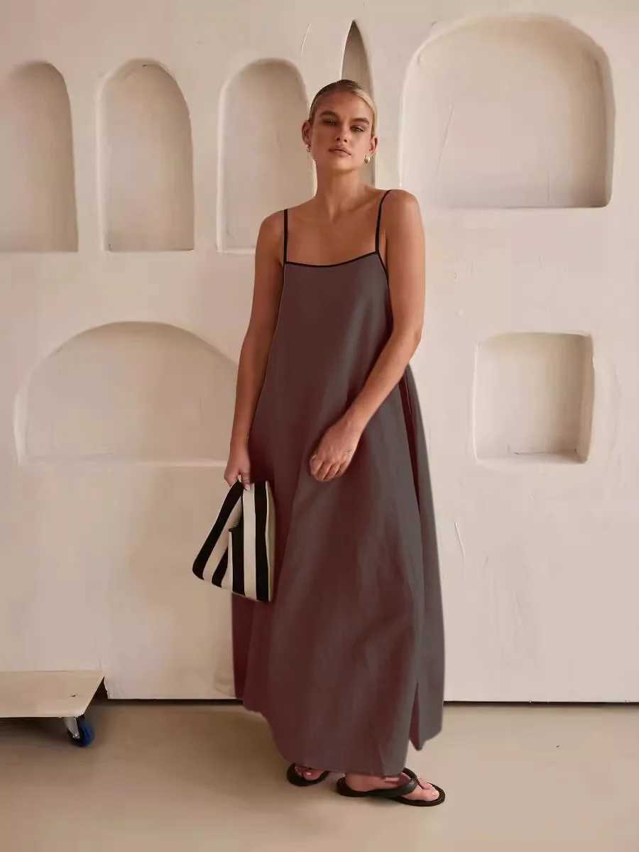 2024 Summer Women Cotton And Linen Maxi Sling Dress Casual Loose Big Hem Solid Vacation Khaki Wihte Sleeveless Dresses Robes Y2KXJ250514