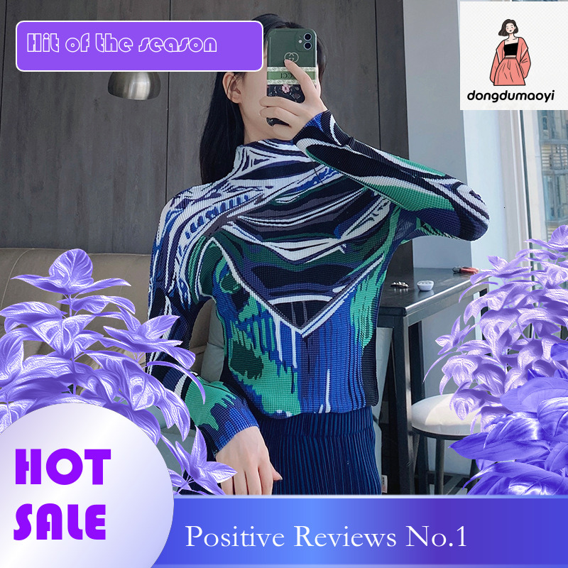 dongdumaoyi Miyake small print base short long sleeved top autumn design slim fit versatile half high neck slimming t-shirt for women