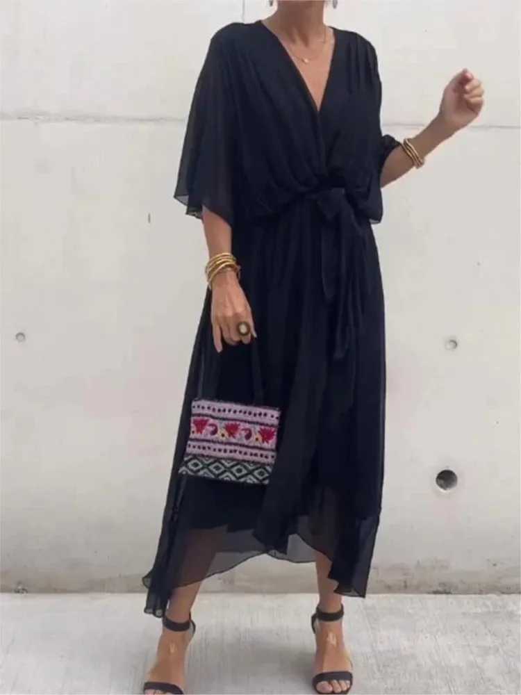 For Womens Beach Solid Color Lace-up Long Dress Spring Summer New Fashion Casual Bat Sleeve Irregular Elegant Female Dress 2025XJ250514