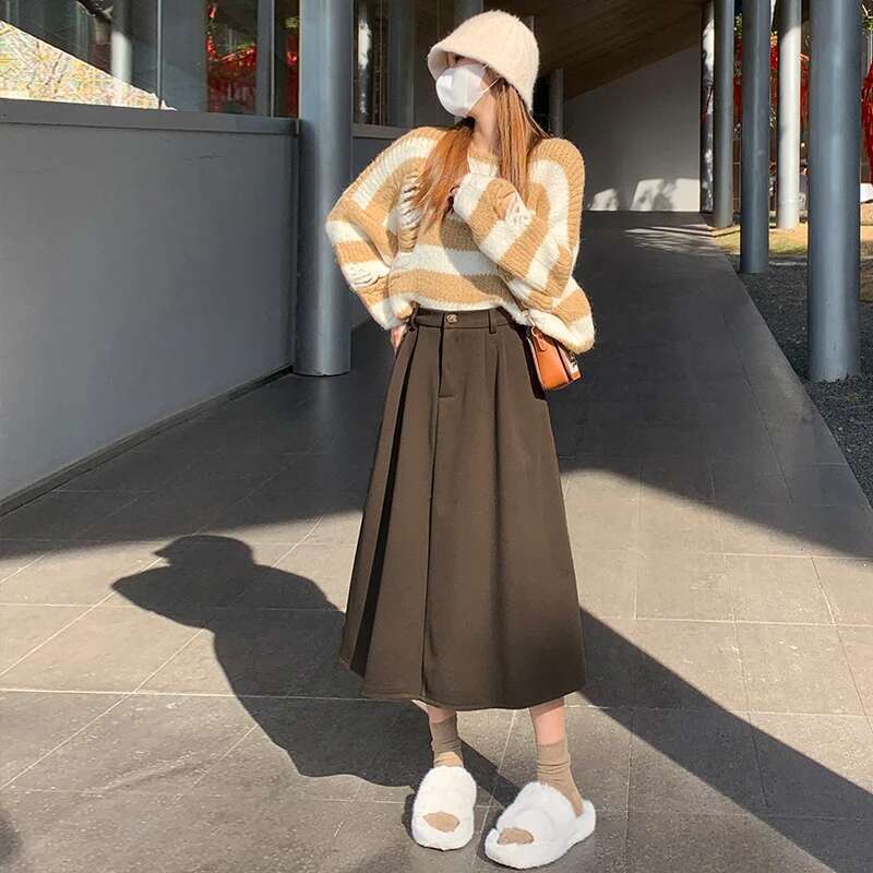 High Woolen Long Autumn Winter Plus Size Clothing Elastic Waist A Line Brown Or Black Skirt Women