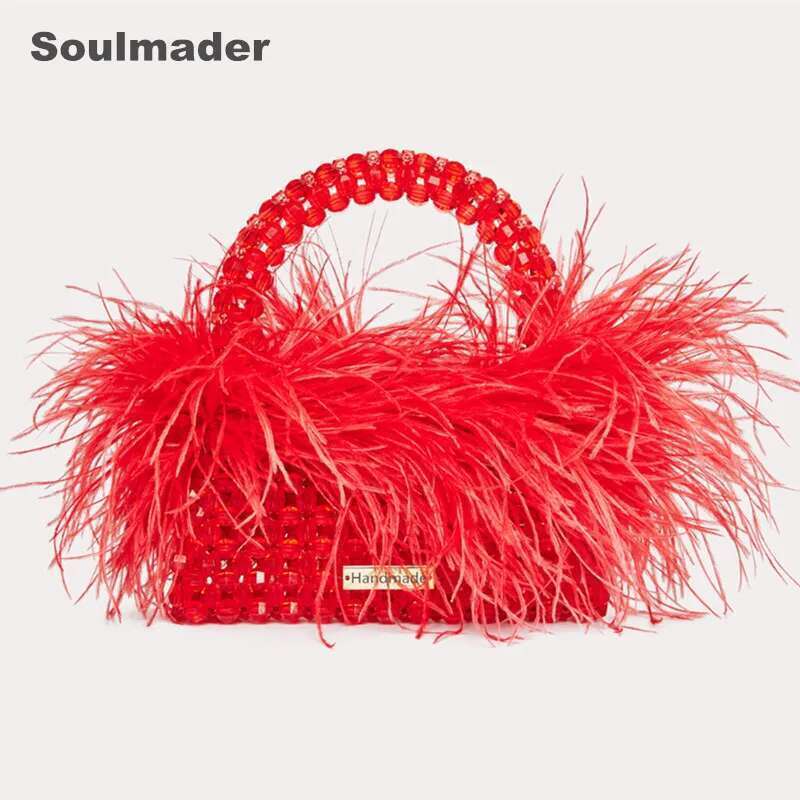 Pearl Beaded Evening Bag Ostrich Feather Fur Designer Clear Acrylic Crystal Stone Box Tote Handbag Women Handmade Party Purse
