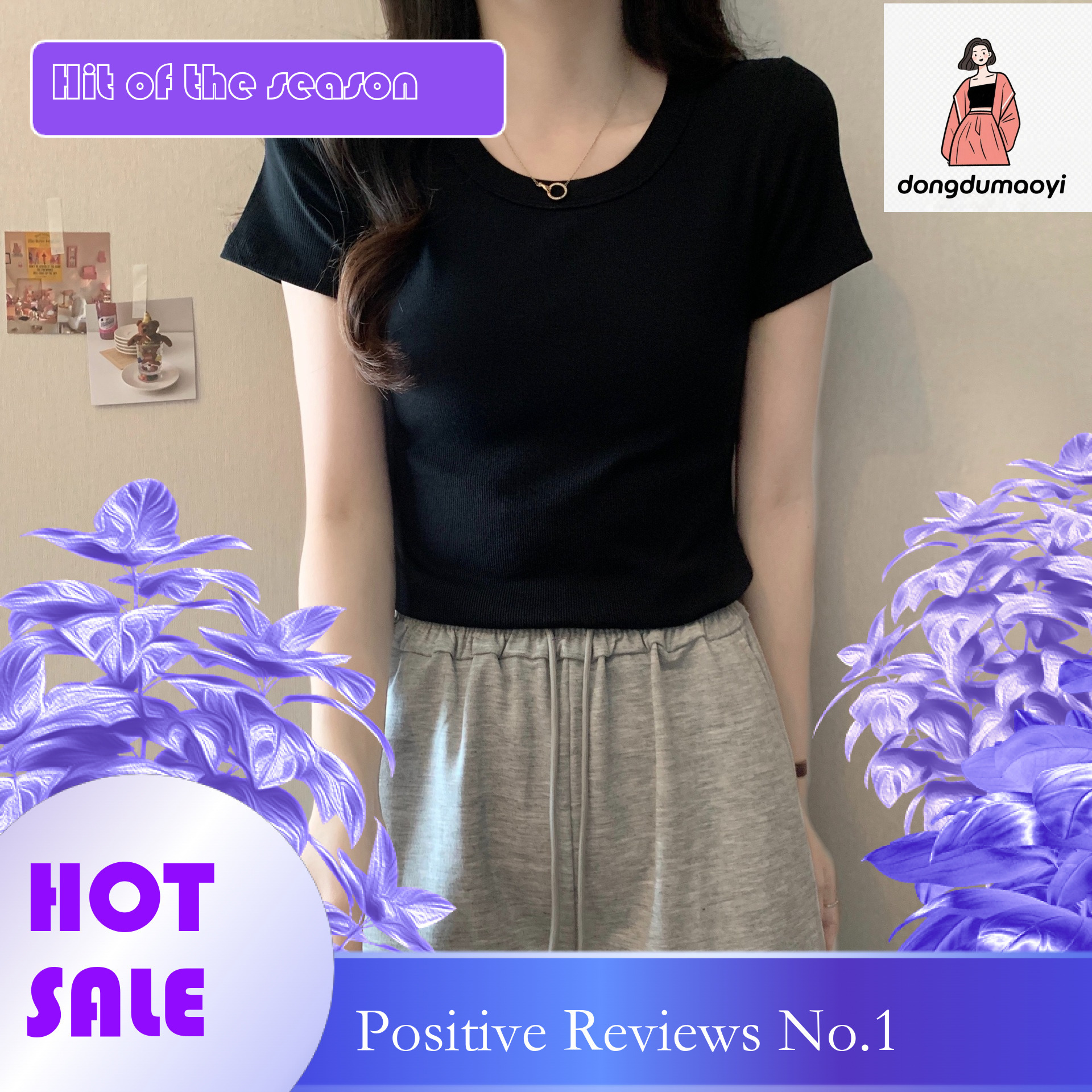 dongdumaoyi Spring/Summer Irregular Shoulder Short Sleeve T-shirt Large Top Women's Summer Slim Fit Versatile Round Neck Solid Color Bottom Shirt