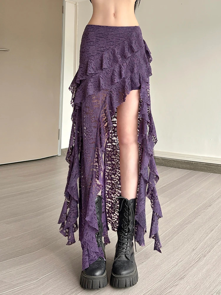 Weird Puss Tassels Women Skirts Chic Irregular Hem MultiLayered Ruffles Lace Patchwork Summer Trend Skinny Versatile Bottoms 250514
