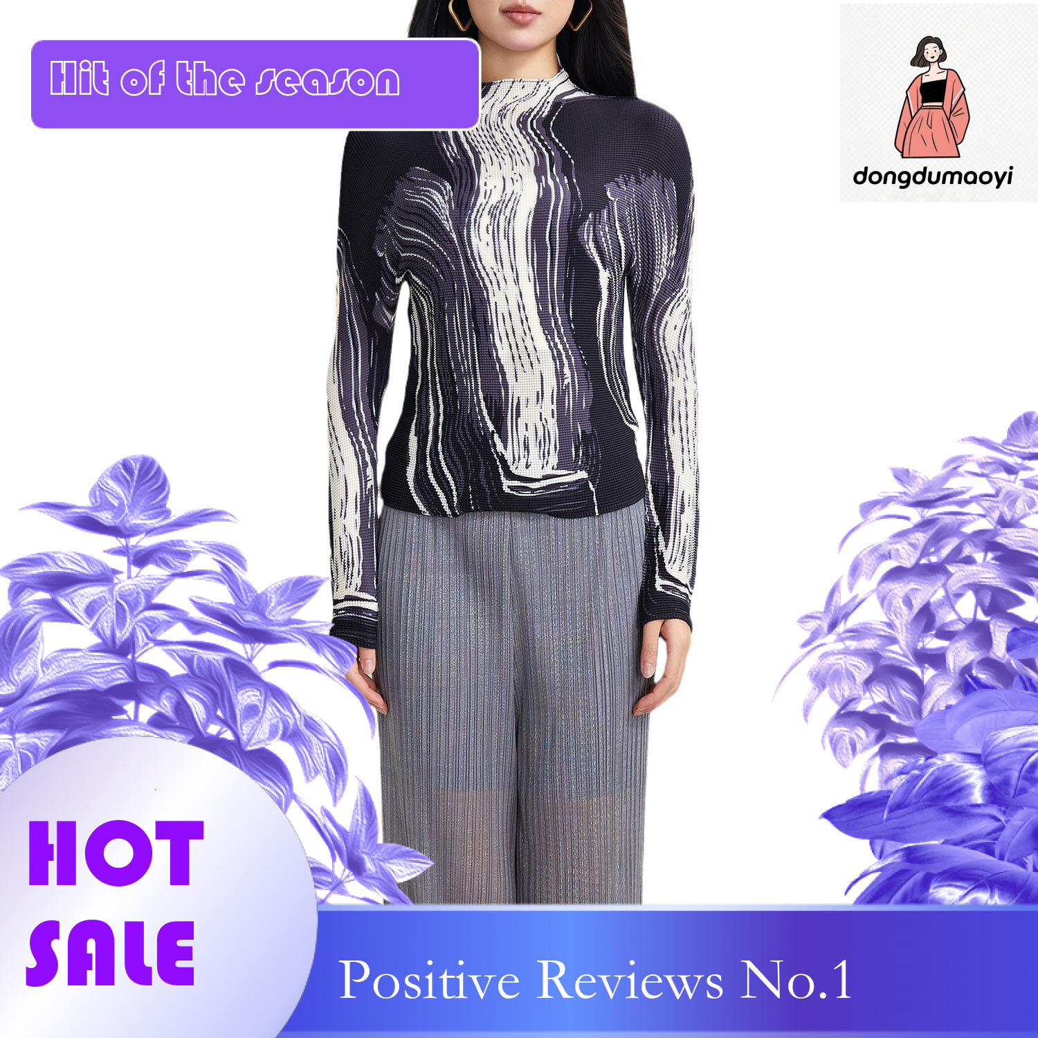 dongdumaoyi Miyake printed top for women's interior design, niche slim fit elastic corn kernels versatile pleated T-shirt