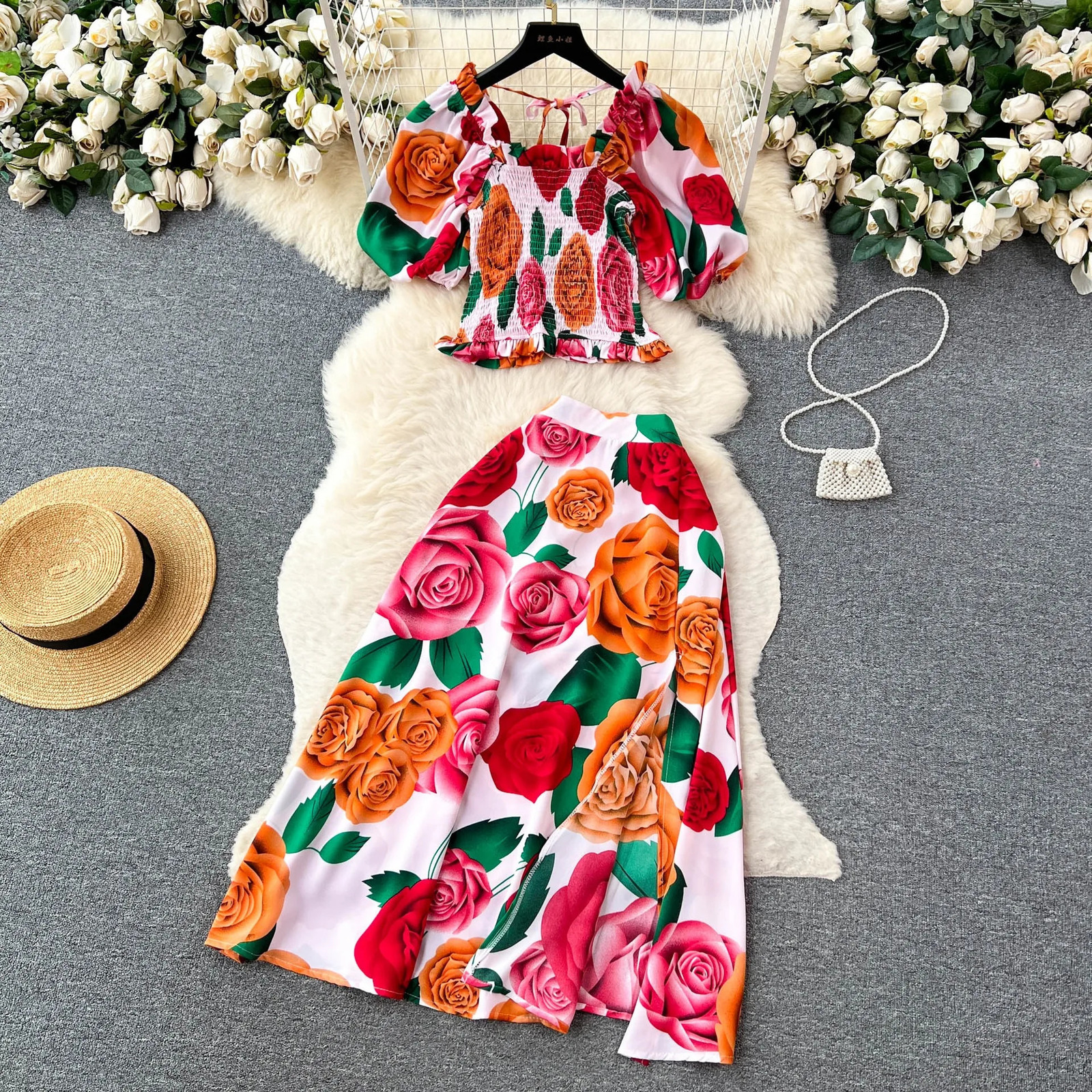 YuooMuoo Women Dress Set Summer Y2K Fashion Print Flowers Crop Tops Long Aline Skirts Lady Vacation Beach Two Piece Suits 250514