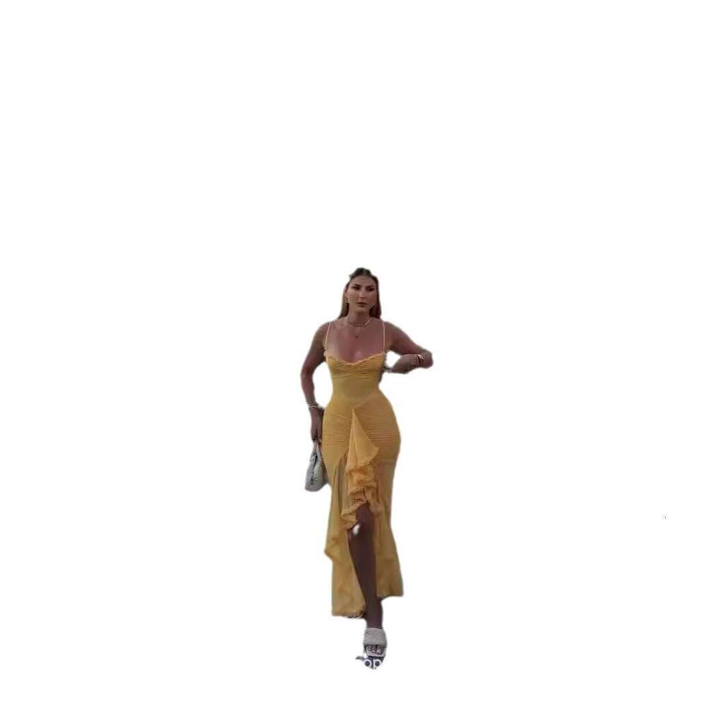 Women Clothes Dress Autumn New Temperament Yellow Lace Long Spicy Girl Suspender Dress KQ