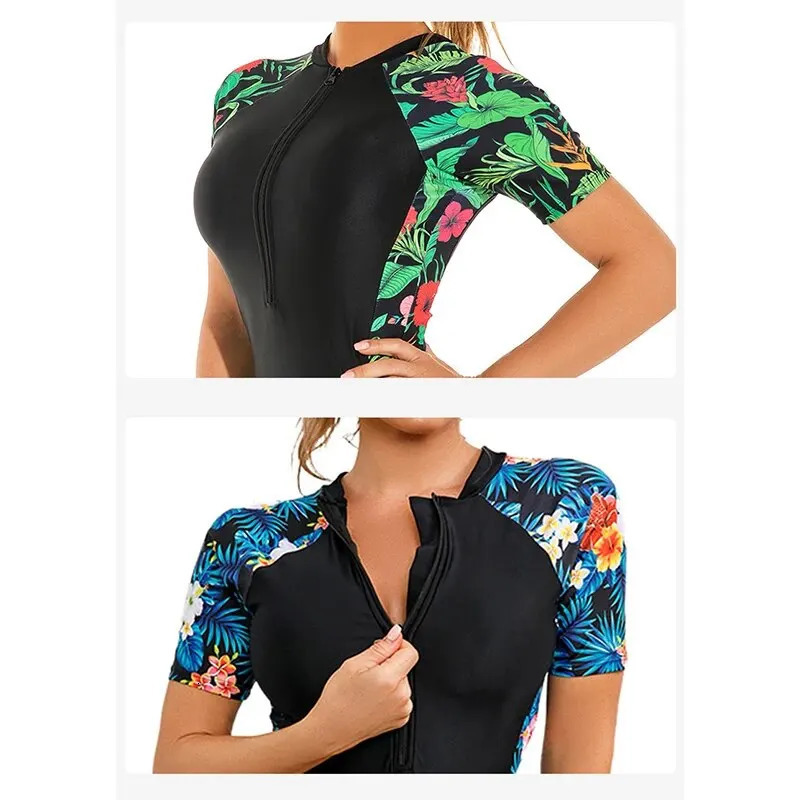 Large Size One-piece Zipper Sports Swimsuit Womens Short-sleeved Surfing Swimsuit Sunscreen Surfing Suit Boxer Jellyfish Suit S 250509