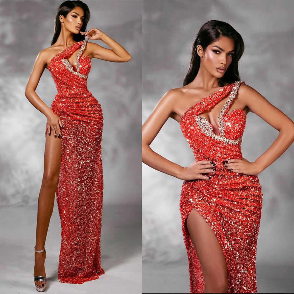 Fashion Evening Dresses For Women One Shoulder Sleeveless Gown Sequins Crystal Split Side Dress Party Customized Dress