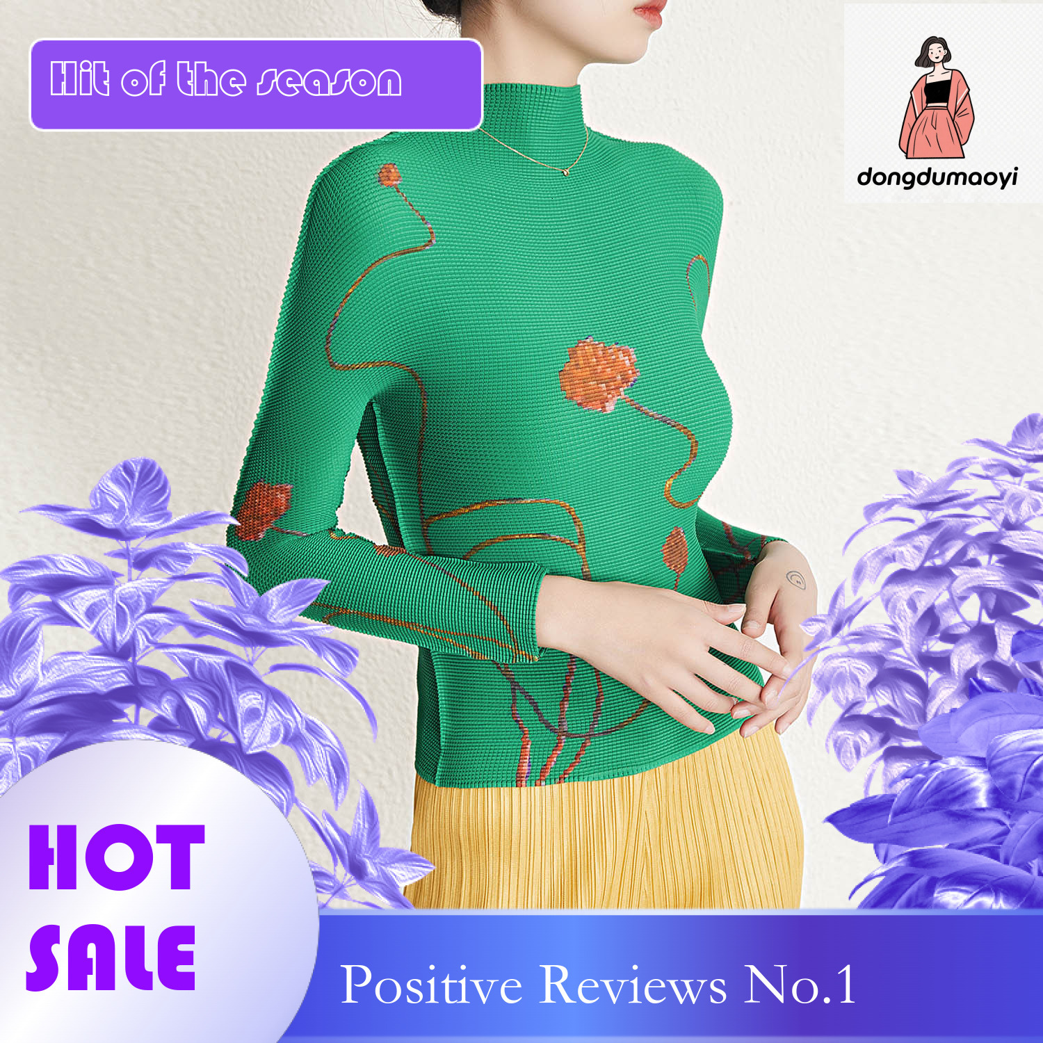 dongdumaoyi Autumn winter new design pleated printed long sleeved top T-shirt for women's three bedroom semi high neck slim fit and slimming base