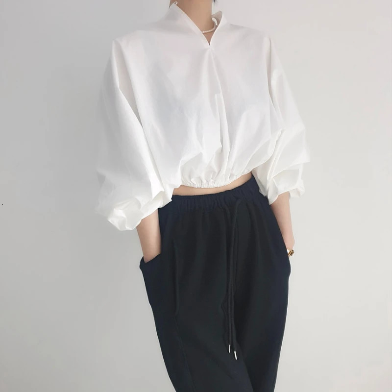 REALEFT Spring Summer Lantern Sleeve Womens Blouses Oneck Office Lady Casual Loose White Shirts for Women 250514