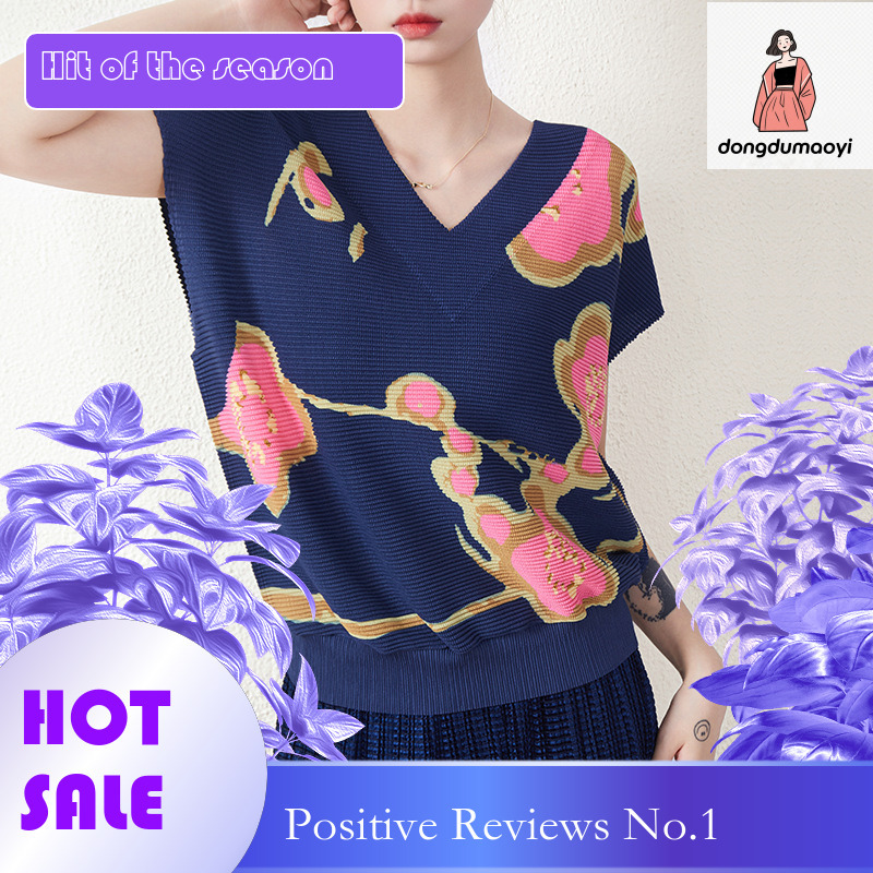 dongdumaoyi Miyake Autumn Costume Art New Style Wrinkle Printed V-neck Knitted Shirt, Vest, Women's Slimming Cover, Top