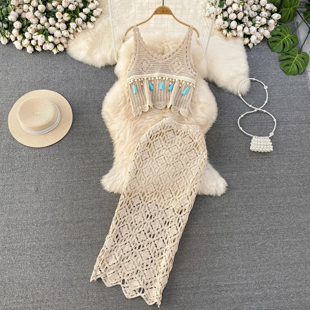 Holiday Knitted Two Pisces Suits Laca Up Halter Hollow Out Backless TopDrawstring Tassel Solid Skirt Women Sets 250514