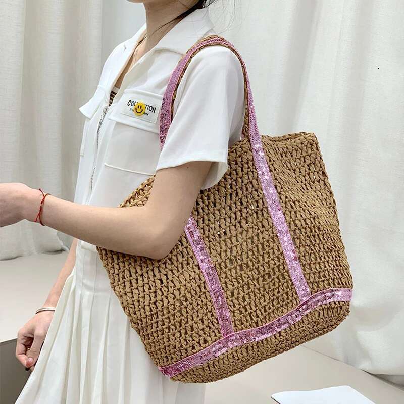 Straw Hollow Out Knitting Sequins Tote Large Capacity Handmade Shoulder Handbag Women Designer Casual Beach Bag Ethnic Style