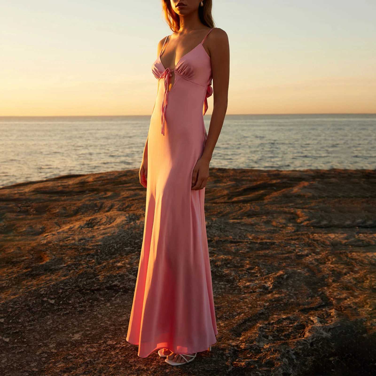 Combhasaki Womens Elegant Solid Color Adjustable Thin Shoulder Straps Cutout Tie-Up Front Backless Summer Long Cami Silky DressXJ250514