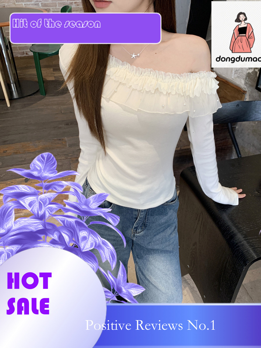 dongdumaoyi One shoulder lace long sleeved white T-shirt for women in spring and summer 2025, pure desire style, slim fit, bottom layer, top