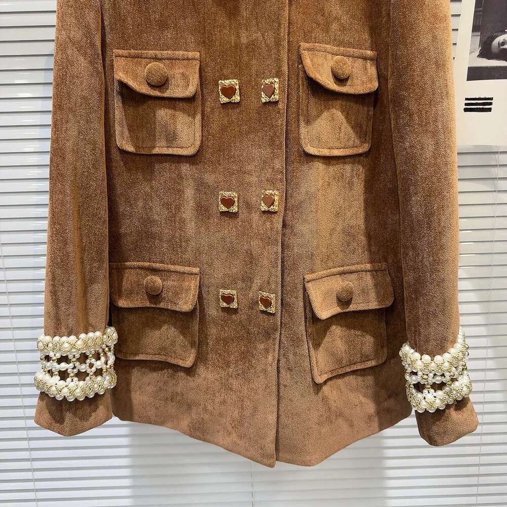 Retro Beading Jacket Women Double Breasted Ruffle Collar Long Sleeve Coats Vintage 2024 Autumn Winter Female Trend