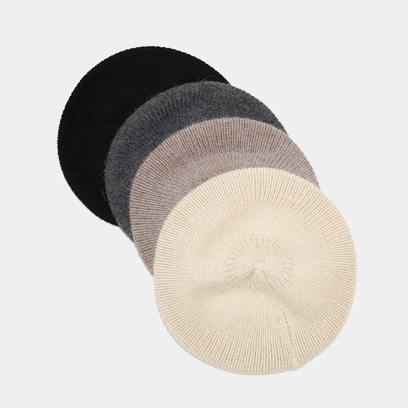 Simple Women Rabbit Fur Knitted Beret French Fashion Artist Winter Warm Beanie Hat Vintage Plain Solid Solor Painter Skull Cap 250514