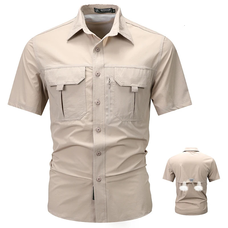 Summer mens short sleeved breathable tactical work shirt top outdoor casual quick drying multi pocket camping cargo 250506Z