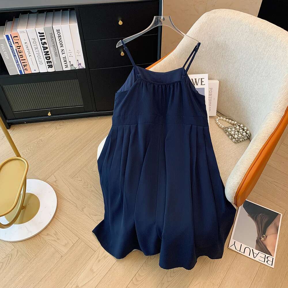 Plus-size Women's summer casual commuting comfort Slip dark blue solid color chiffon waist A-line bow loose skirt