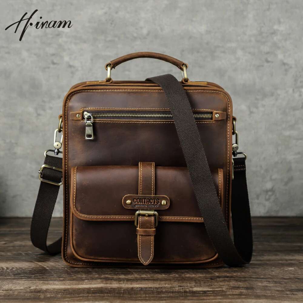 Vintage Men Crossbody Messenger Bags Business Casual Handbag Male Crazy Horse Leather Shoulder Bag Large Capacity